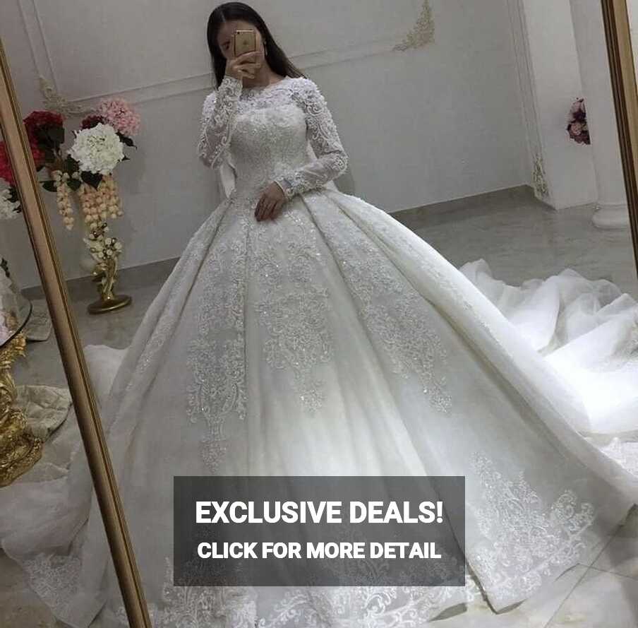 Princess Wedding Dresses Lace Appliques High Neck Long Sleeves ...