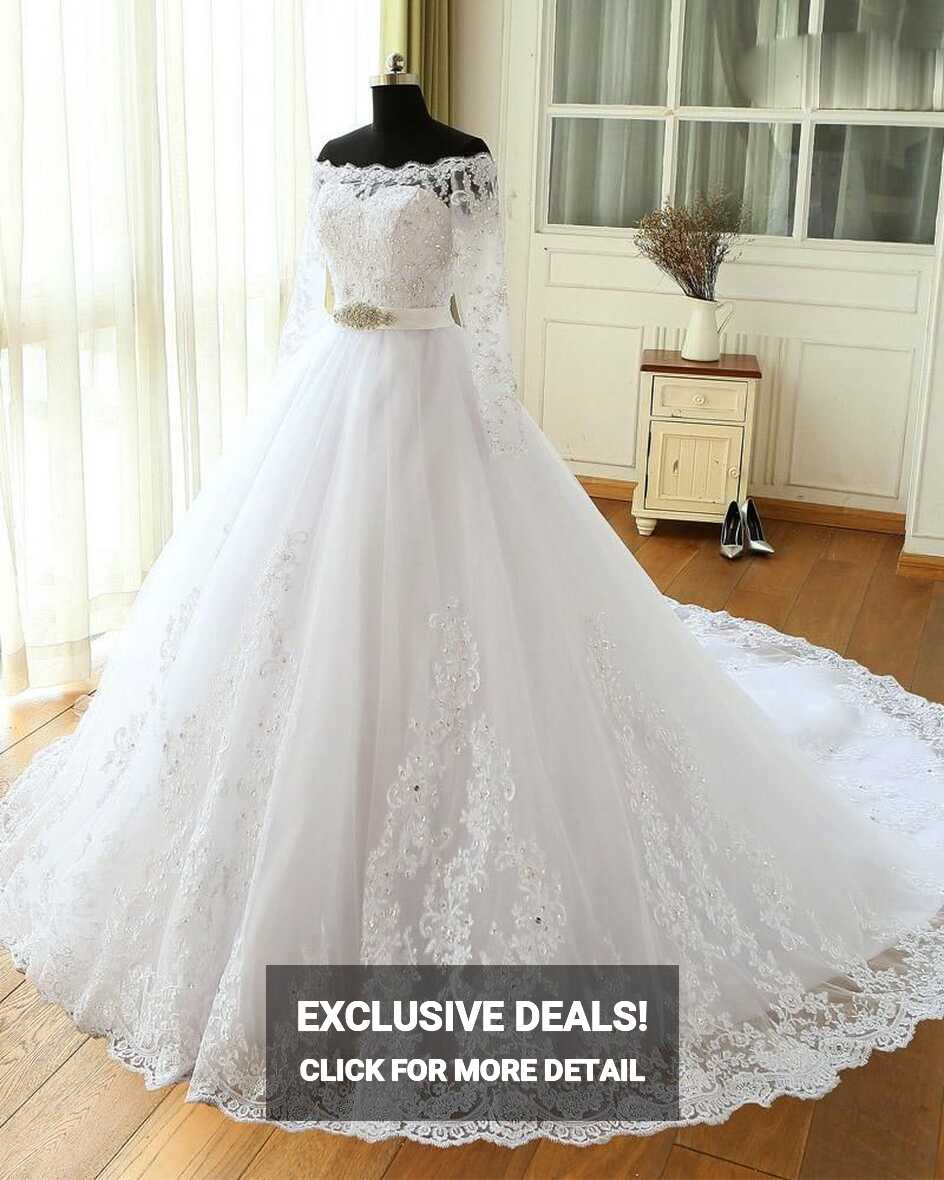 Princess White Long Sleeves Lace Wedding Dresses Bride Gown Ball ...