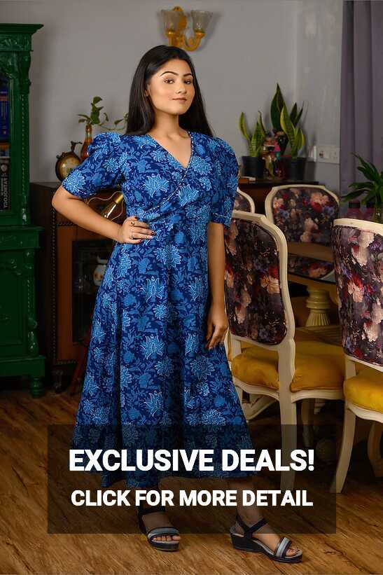 Printed Cotton Blue V Neck Puff Sleeves with Back Belt Type Dress