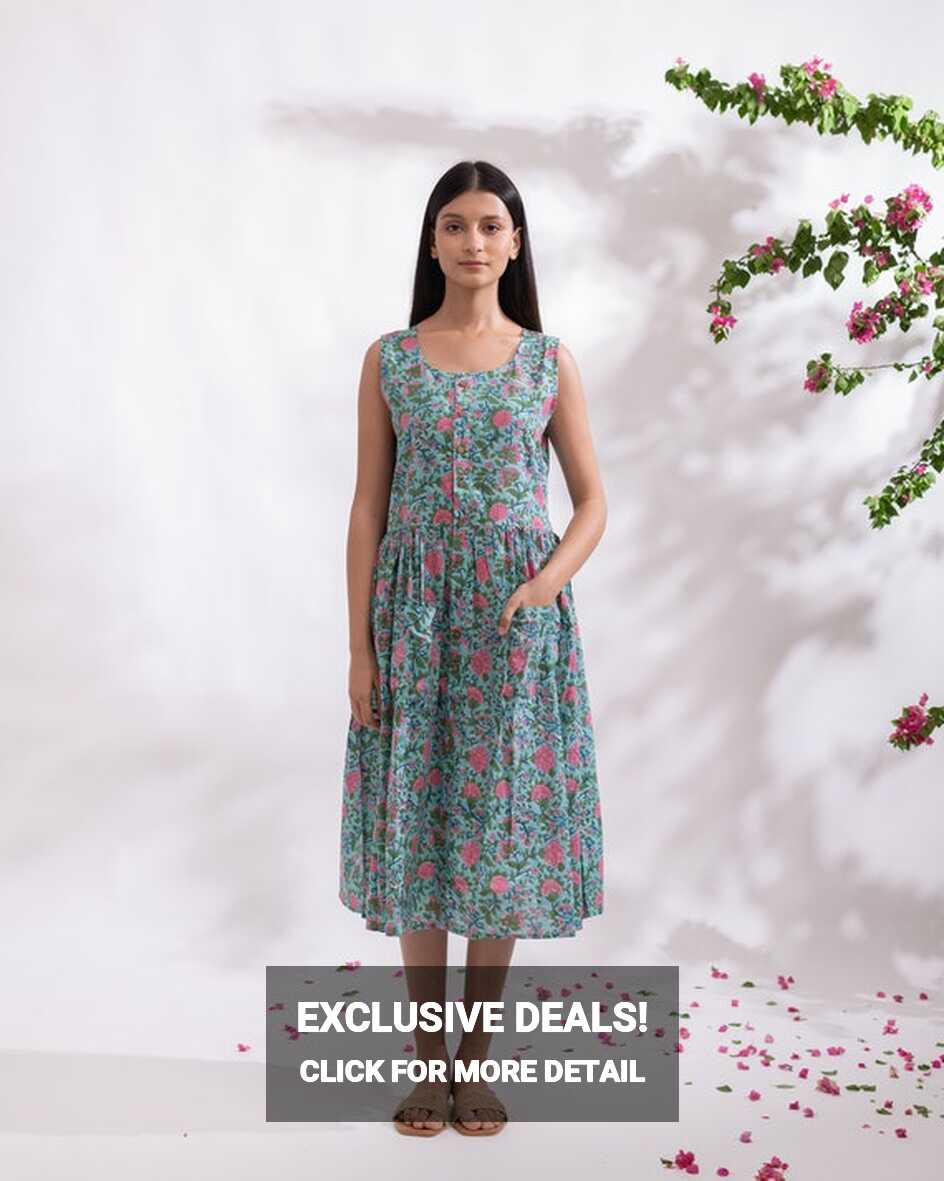 Printed Sleeveless Dress With Pockets Linen Calf Length Dress ...