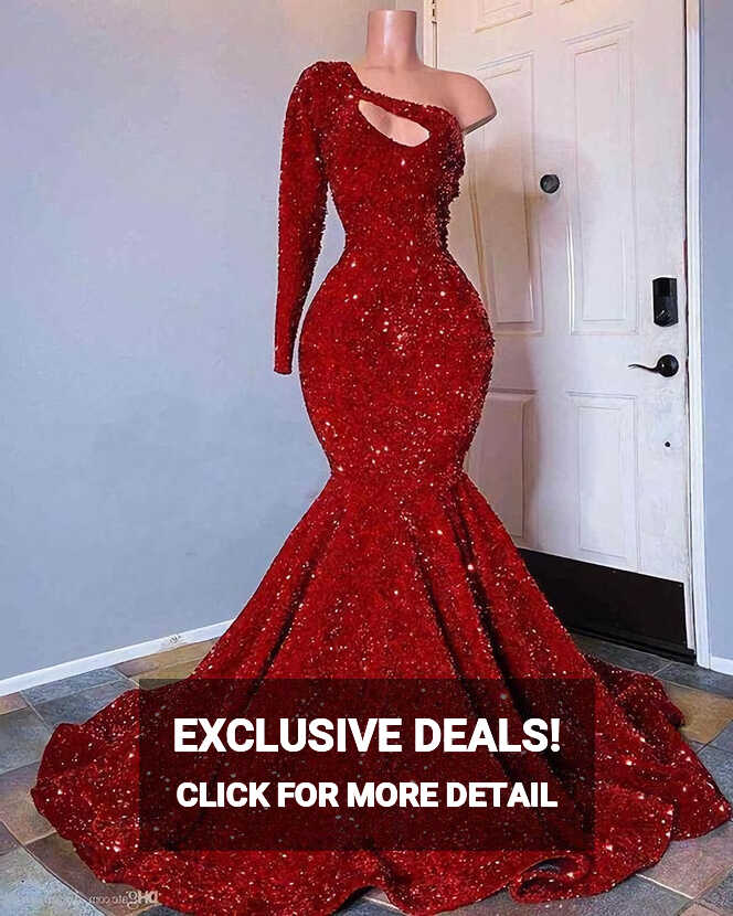 Prom Dresses Long Open Back, Red Sequined Black Girls Mermaid Prom ...