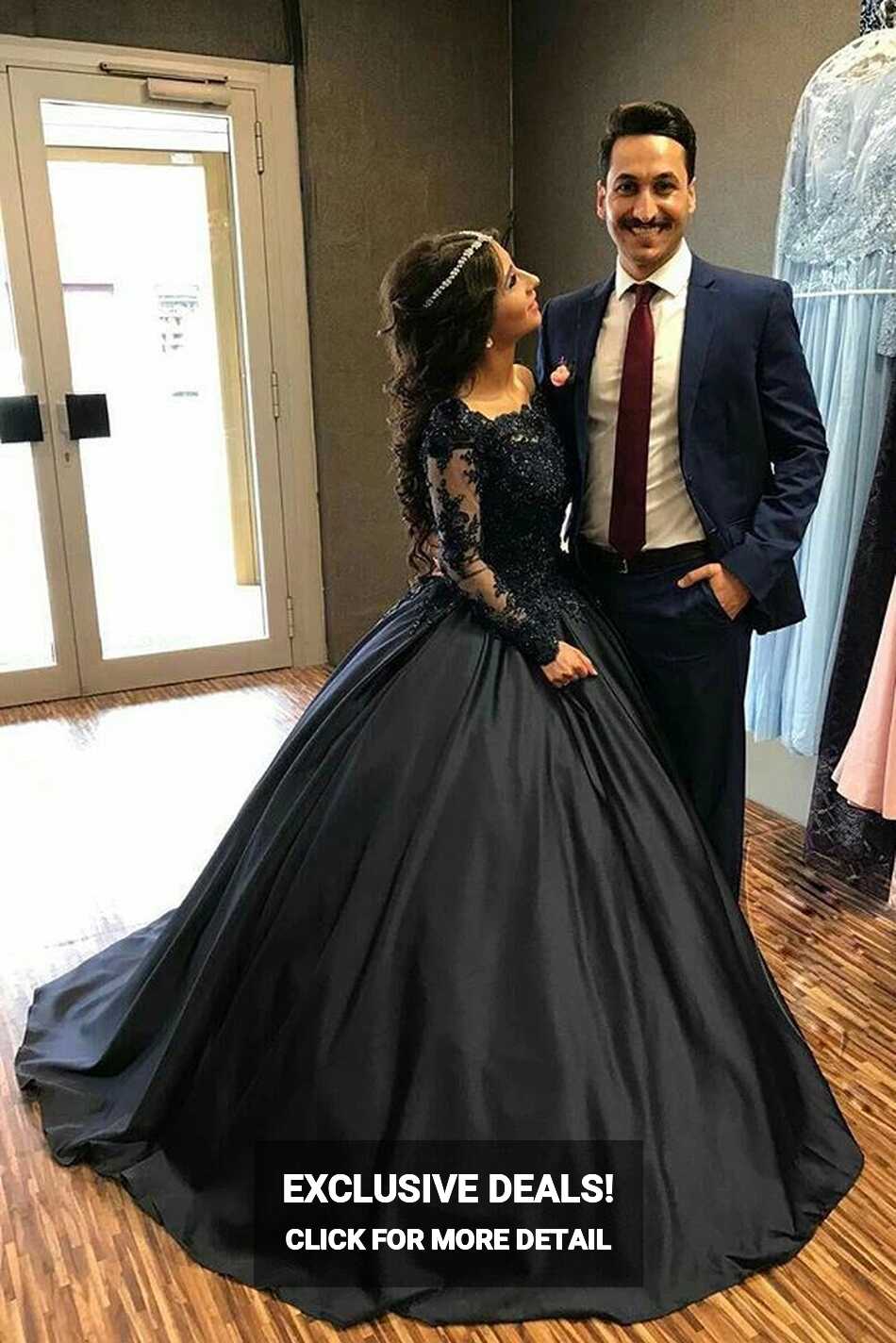 Promfast Ball Gown Long Sleeves Navy Blue With Lace Prom Dress, Quince