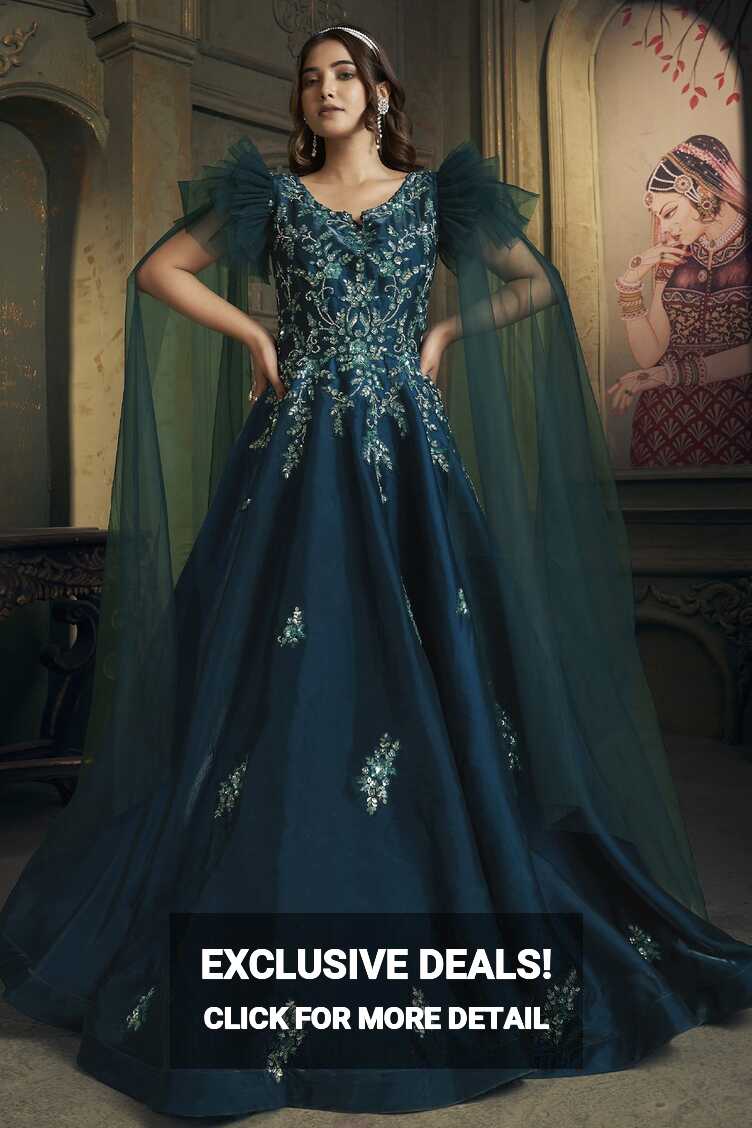 Prussian Blue Organza Silk Net Designer Gown with Frill Cape Sleeve