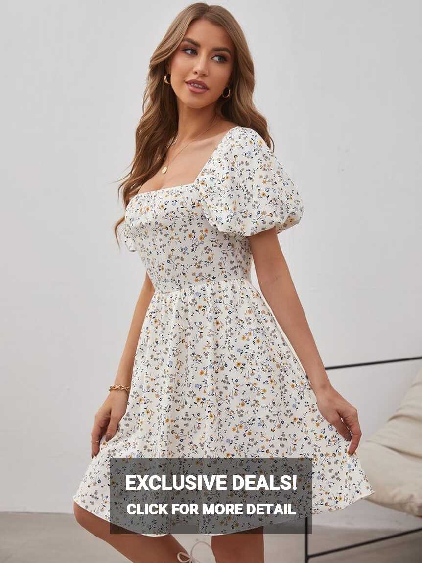 Puff Sleeve Ditsy Floral Dress