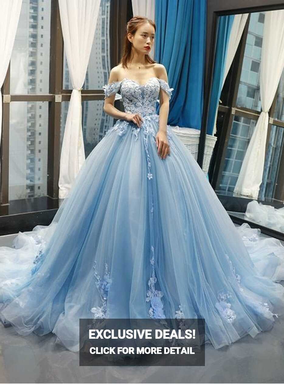 Puffy Off The Shoulder Light Sky Blue Prom Dress, A Line Tulle ...