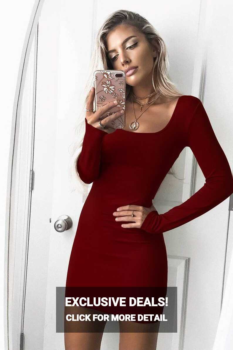 Pure Color Big Scoop Long Sleeves Big Scoop Short Dress | Long ...