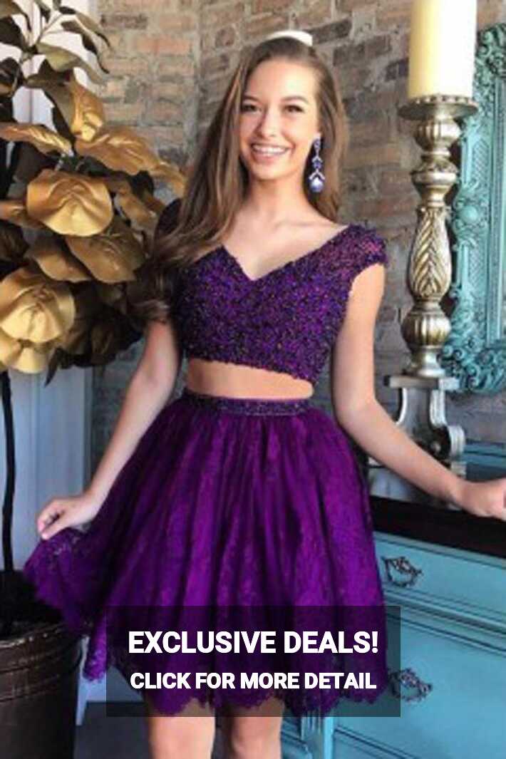 Purple Cheap Two Piece V neck Beaded Lace Homecoming Dresses on ...