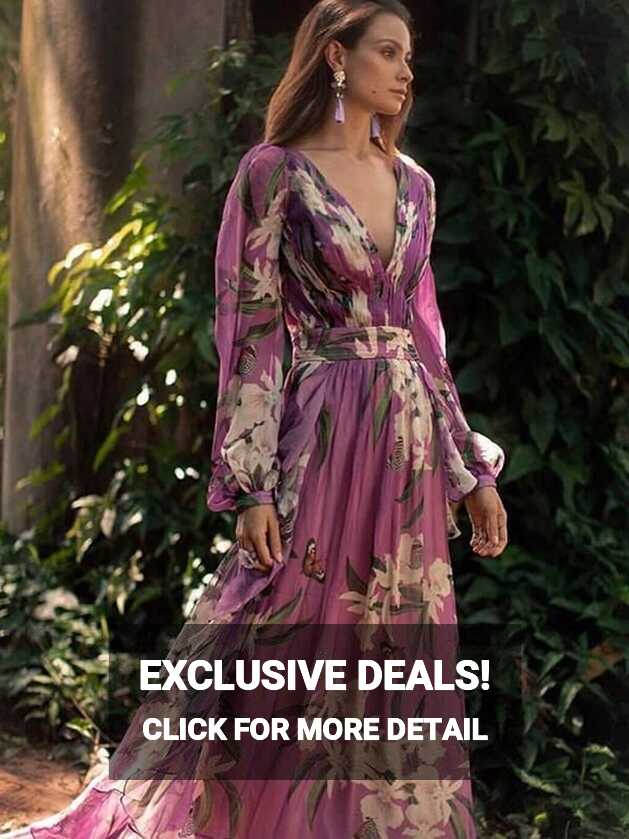 Purple Deep V-Neck Floral Print Maxi Dress