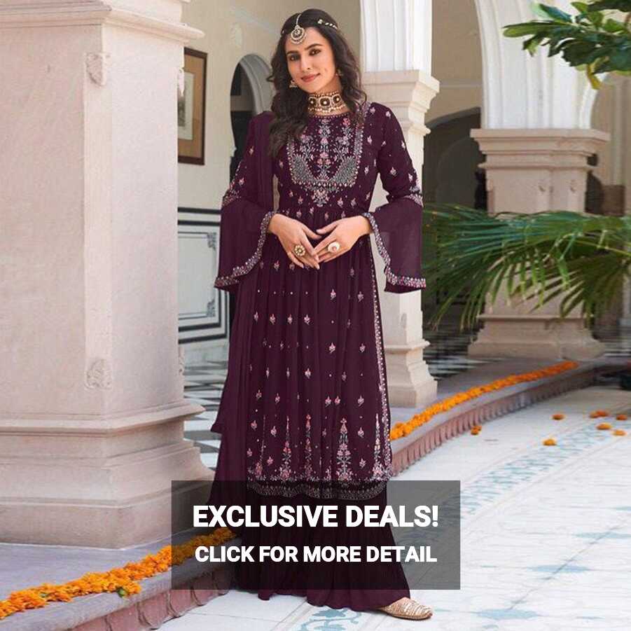 Purple Floral Embroidered Georgette Naira Cut Sharara Suit