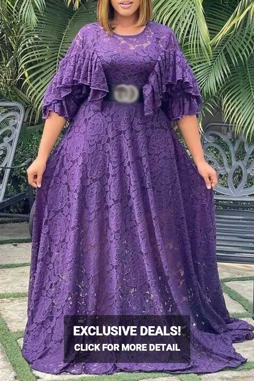 Purple Plus Size Casual Elegant Solid Lace Mesh O Neck A Line ...