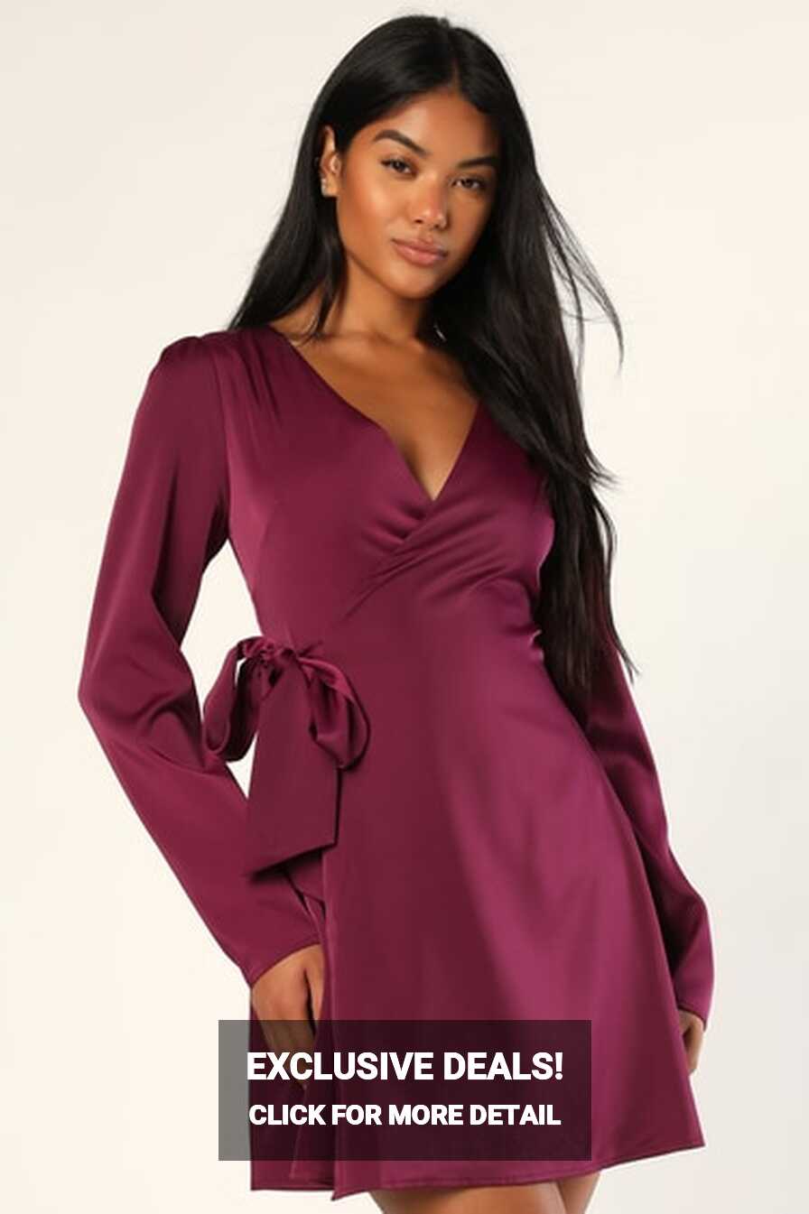 Purple Satin Dress - Long Sleeve Mini Dress - Mini Wrap Dress - Lulus