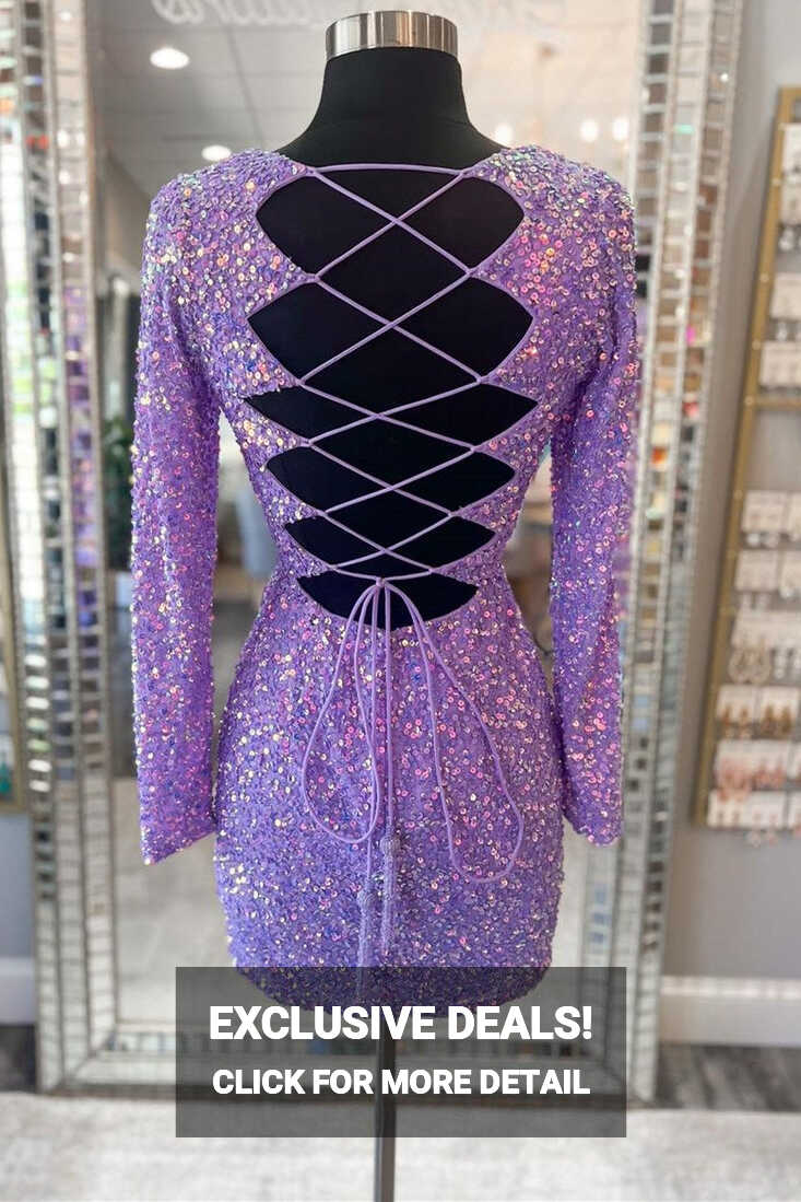 Purple Sequin Lace-Up Short Party Dress with Long Sleeves | KissProm