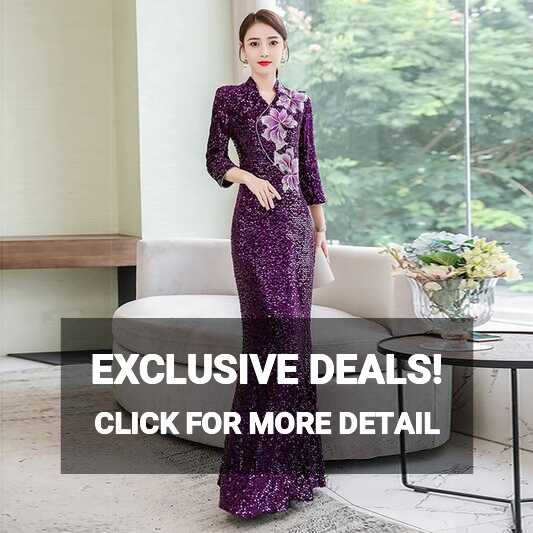 Purple Shiny Modern Chinese Cheongsam Qipao Women Long Oriental ...