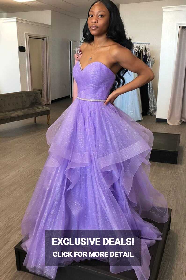 Purple Tulle Long A-Line Prom Dress, Purple Strapless Evening Party Dr