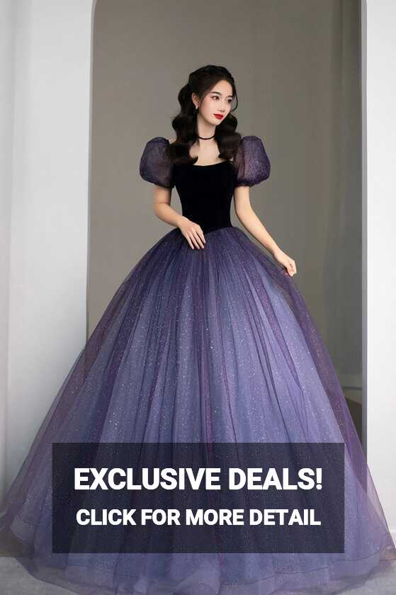 Purple Tulle Long Princess Dress, Cute Short Sleeve Formal Evening Dre