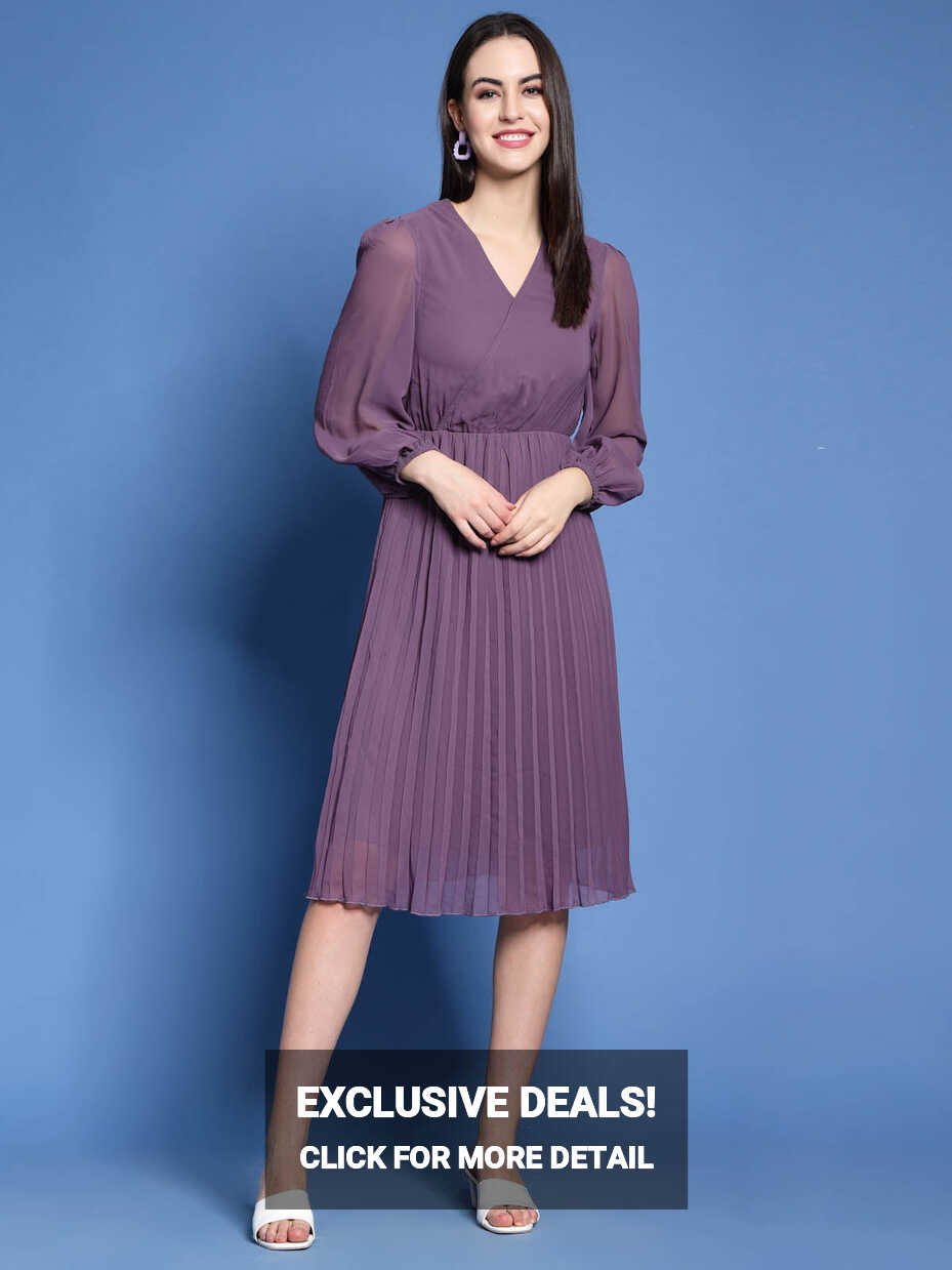 Purple V-Neck Puff Sleeves Accordion Pleated Fit Flare Dress ...