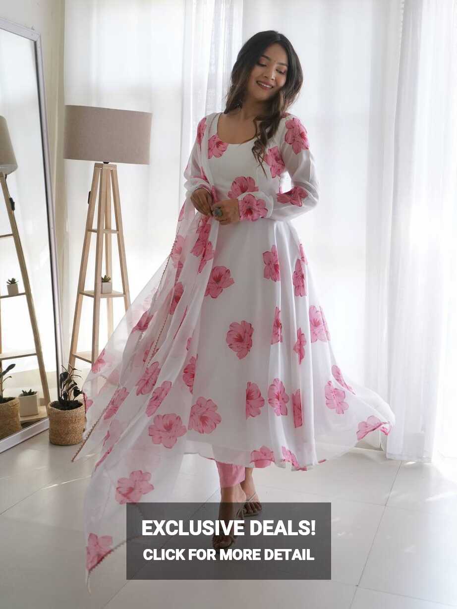 Purvi White Pink Flower Tabby Pure Organza Printed Anarkali ...