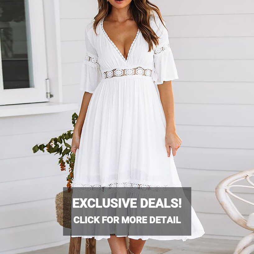 Qucoqpe Women&#39;s Long Casual Solid Chiffon V-Neck Beach Dress Boho ...