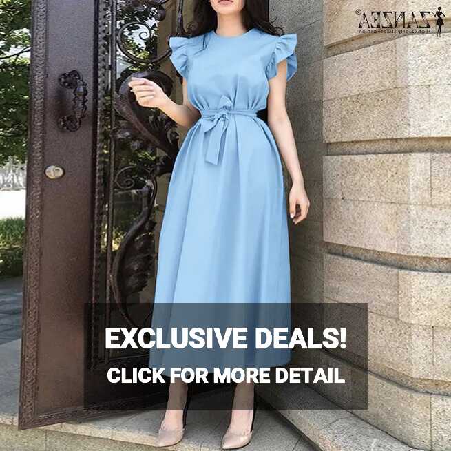 Queean ZANZEA Women Summer Ruffle Sleeved Belted Casual Long Dress ...