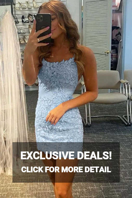 Queendancer Women Blue Lace Short Prom Dress Spaghetti Straps ...