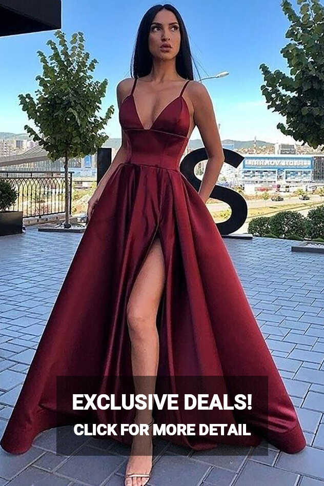 Queendancer Women Burgundy Satin Long Prom Dress with Slit A-Line ...