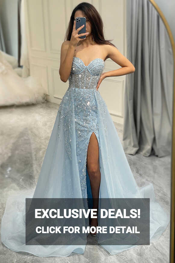 Queendancer Women Light Blue Long Prom Dress Glitter Corset Formal ...