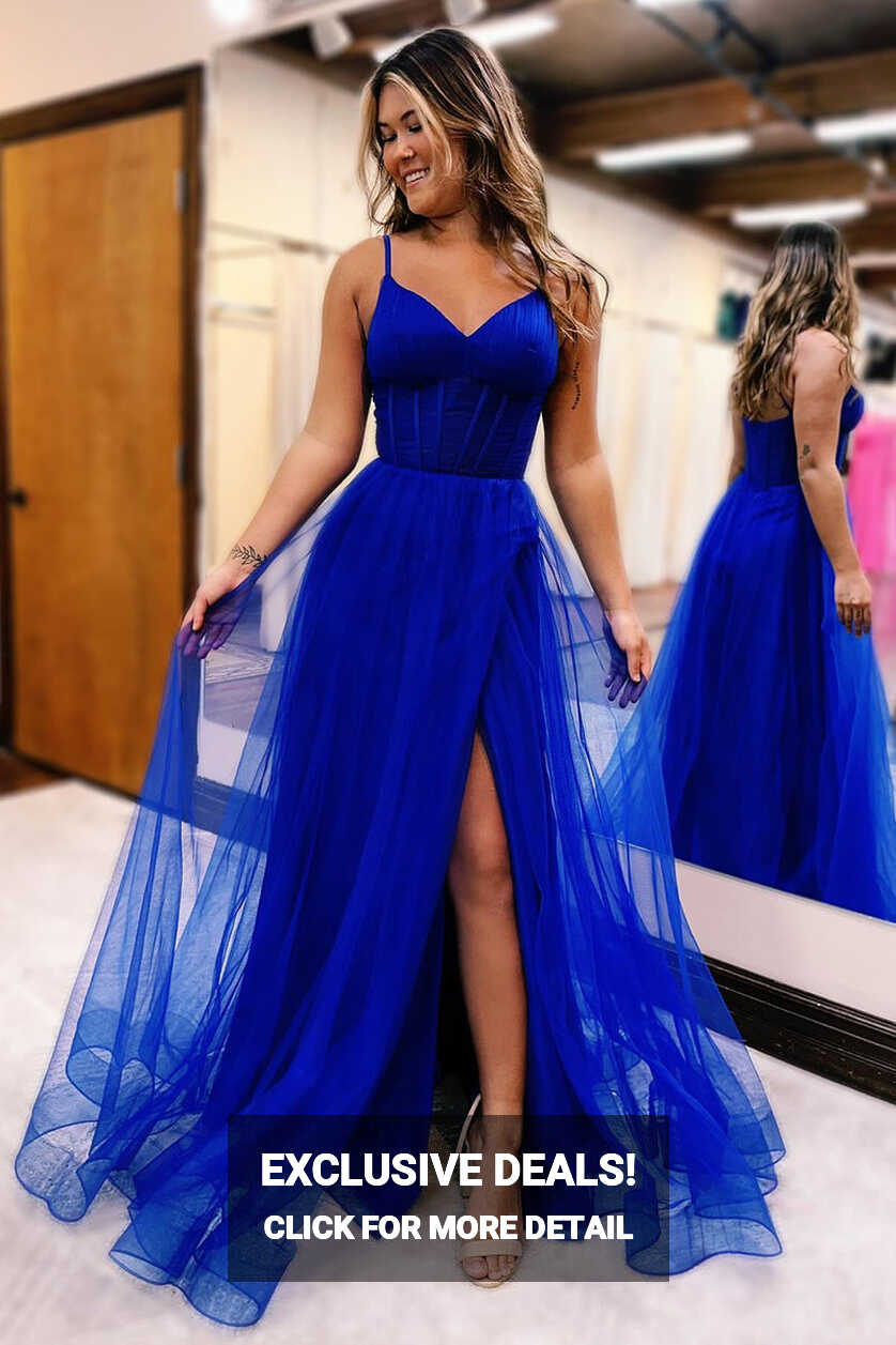 Queendancer Women Royal Blue Corset Prom Dress with Slit A-Line ...