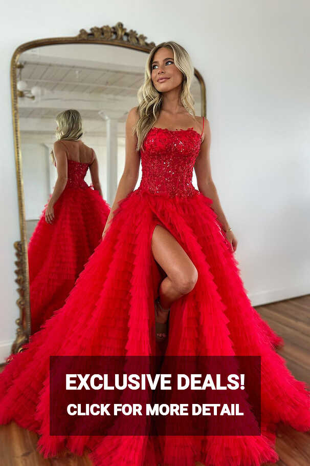 Queendancer Women Sparkly Red Ruffled Corset Long Prom Dress with ...