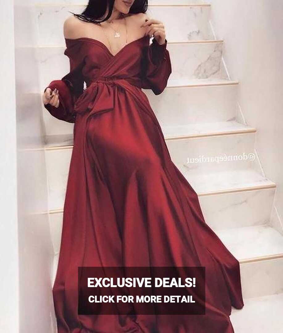 RED - &#39;DREAM&#39; Satin Gown | Red long sleeve prom dress, Burgundy ...