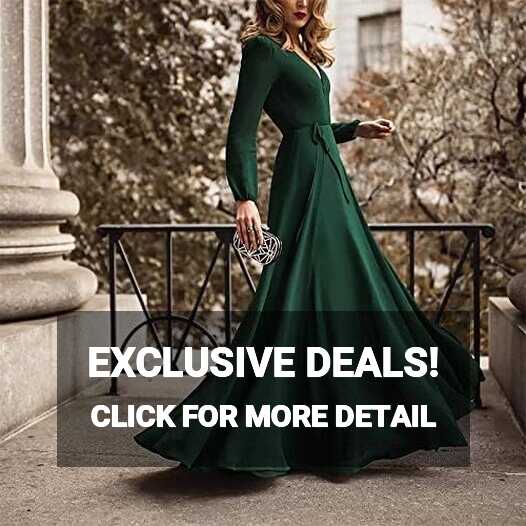 RIOXS Womens Elegant V Neck Long Dress Long Sleeve Party Wedding ...