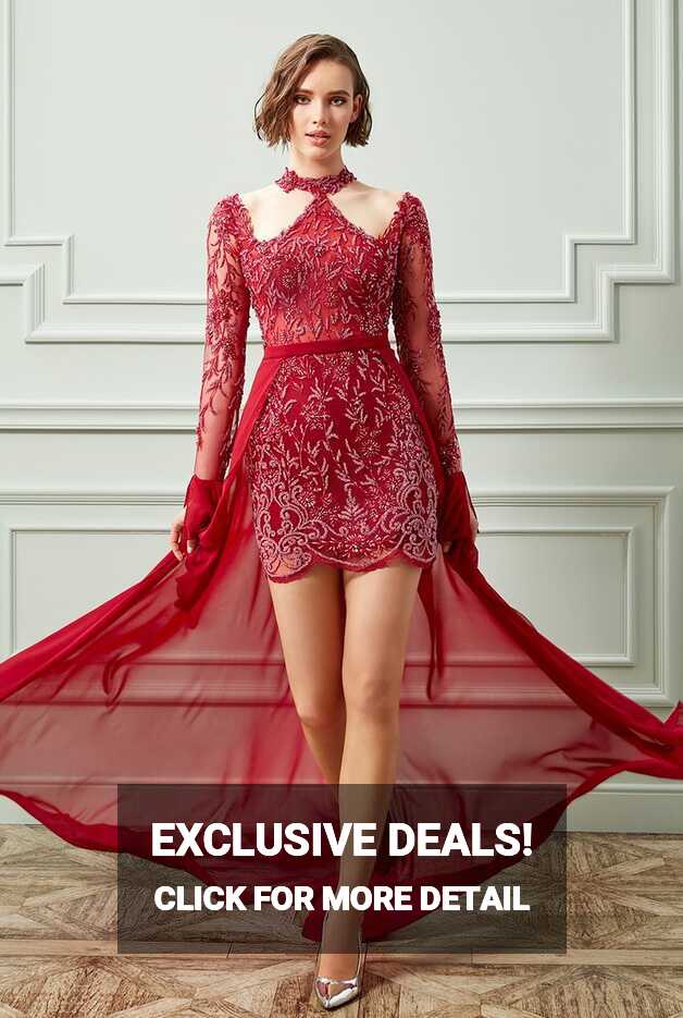 RUBY - LONG SLEEVE SHORT EVENING DRESS WITH FRAQUE - DREAMON.COM.TR