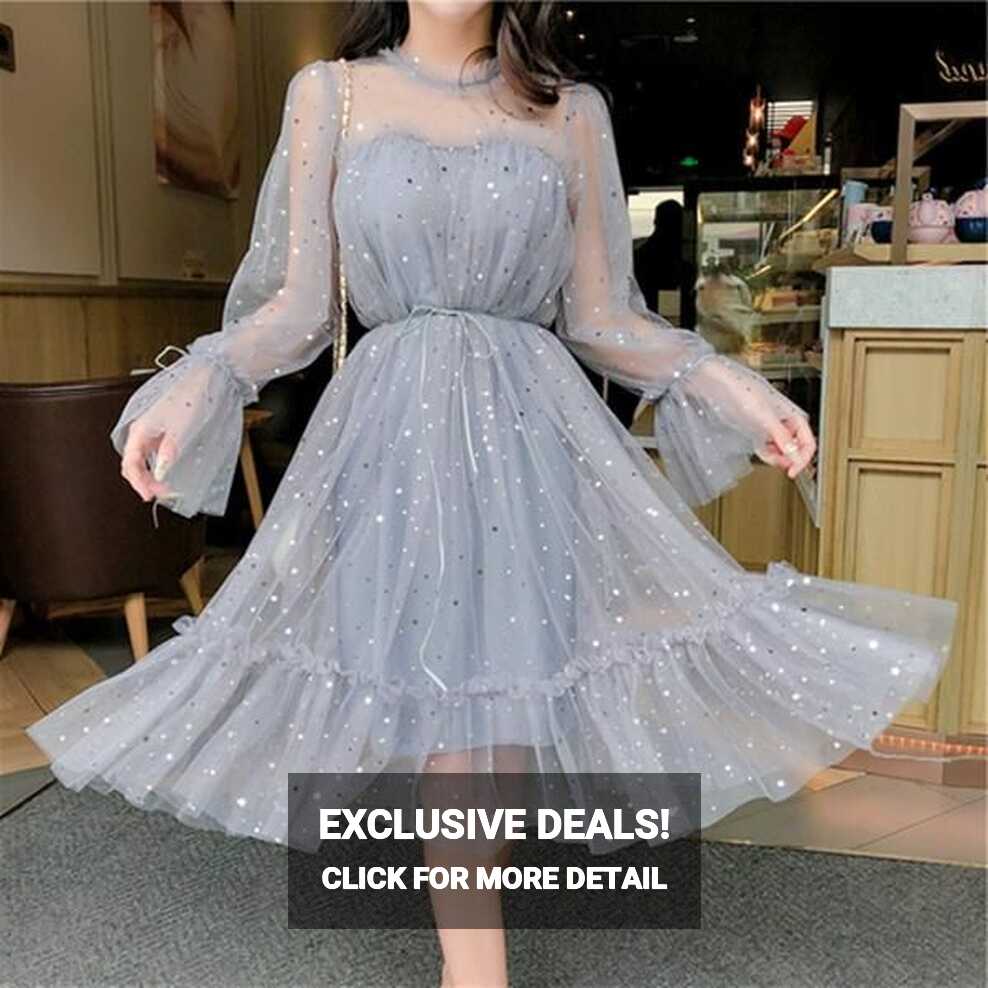 RUGOD New shiny women dress sequined transparent loose a line mesh ...