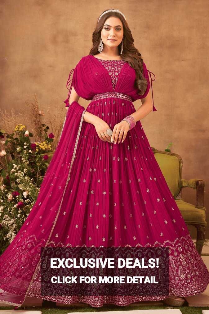 Rani Pink Silver Zari and Sequins work Poncho Style Anarkali Gown ...