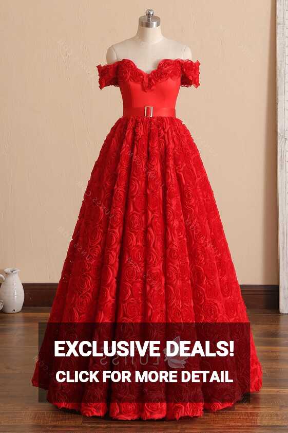 Red 3D Rose Off-the-shoulder Ball Gown Birthday Dress - Lunss