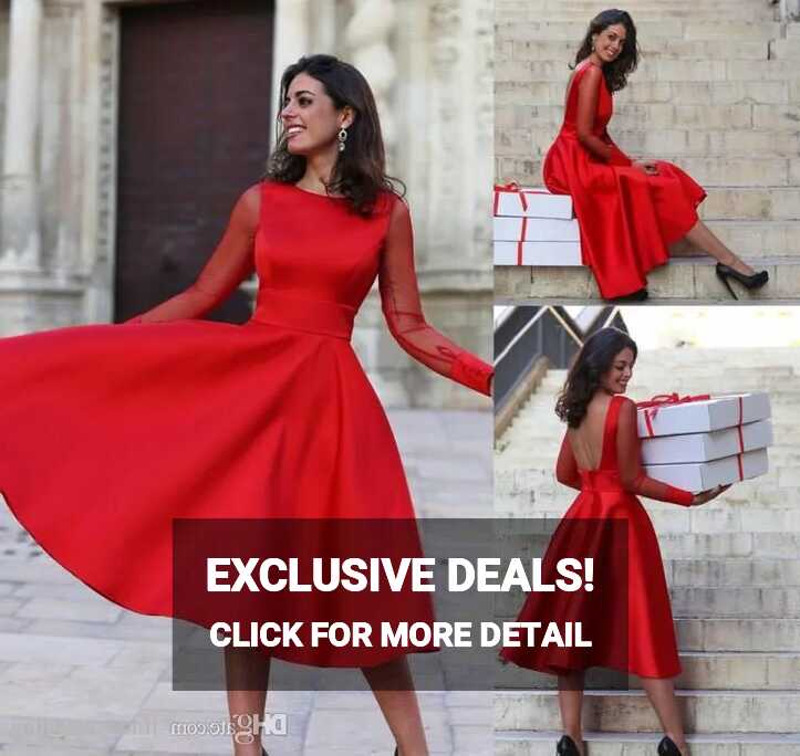 Red A Line Midi Red Homecoming Dresses With Jewel Neckline Long ...