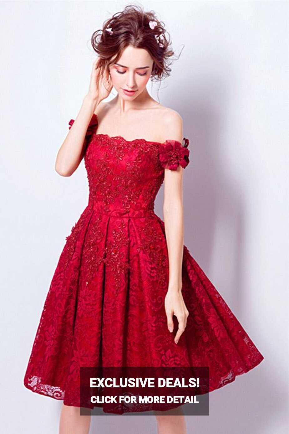 Red A-line Off-the-shoulder Short Lace Wedding Dress With Beading