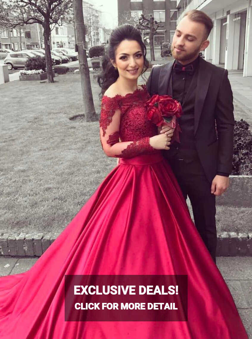 Red A-line Prom Gown,Off the Shoulder Prom Dress with Long Sleeves ...