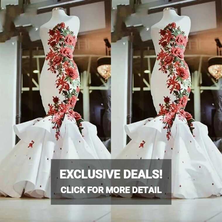 Red And White 3d Floral Flowers Mermaid Wedding Dress Lace-up ...