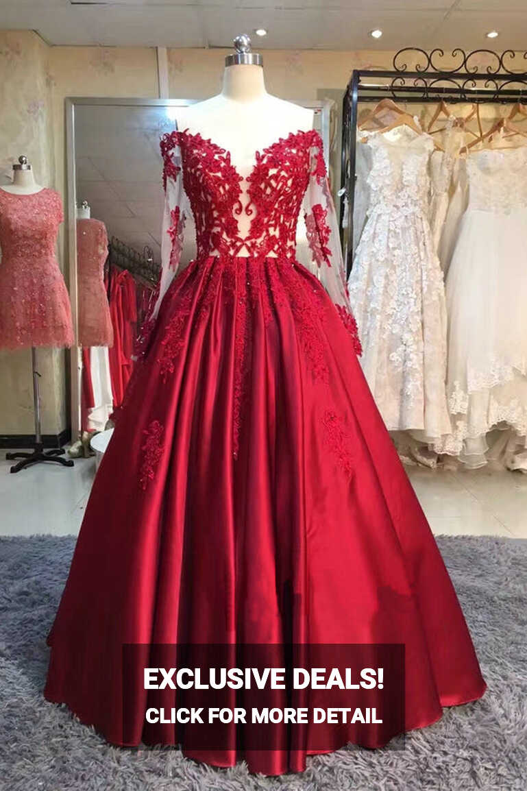 Red Ball Gown Floor Length Off Shoulder Long Sleeve Appliques Prom ...