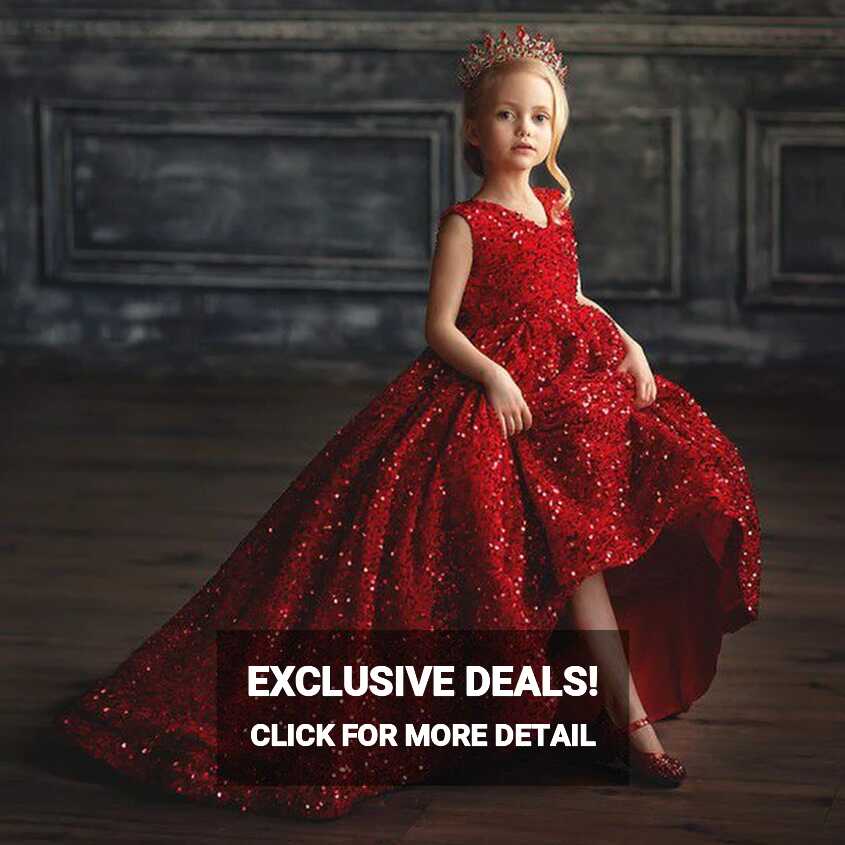 Red Ball Gown Flower Girl Dress O Neck Sleeveless Glitter Sequin ...