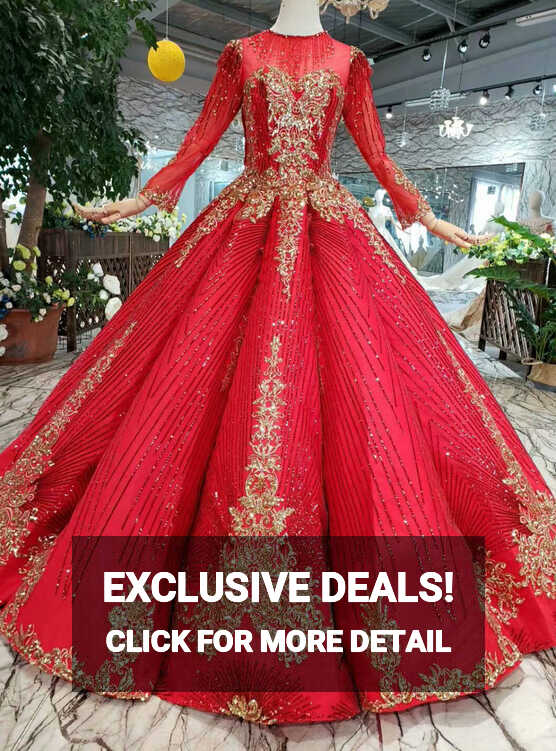 Red Ball Gown Sequins Gold Sequins Long Sleeve Floor Length ...