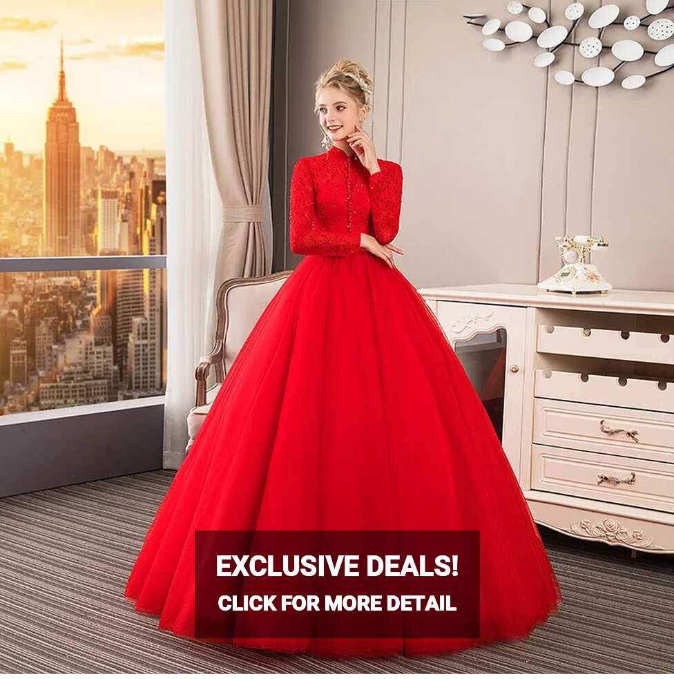 Red Beads Tulle Ball Wedding Dress Long Sleeve Lace-up Fully ...