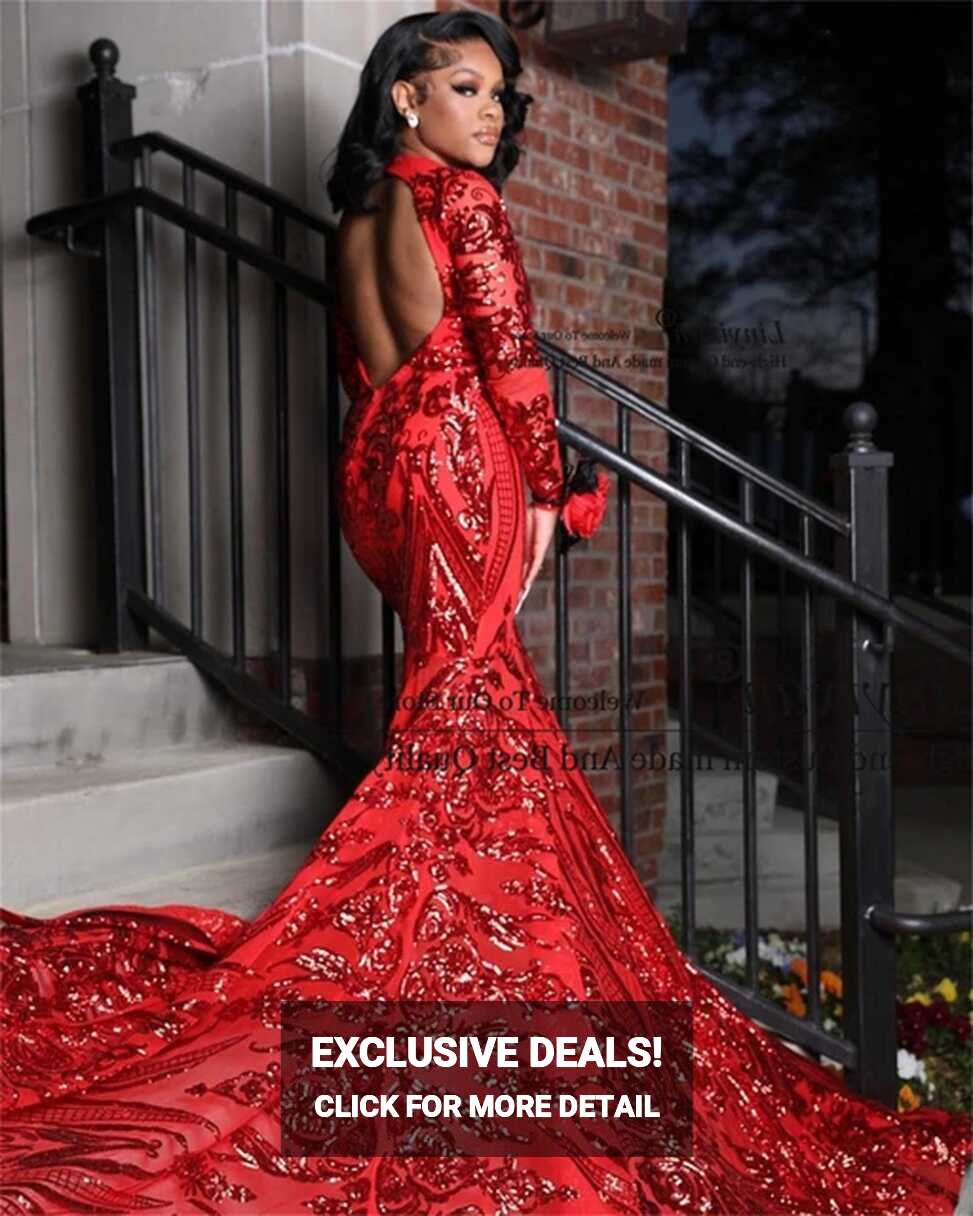 Red Black Girls Mermaid Prom Dresses For Women 2022 Long Sleeves ...