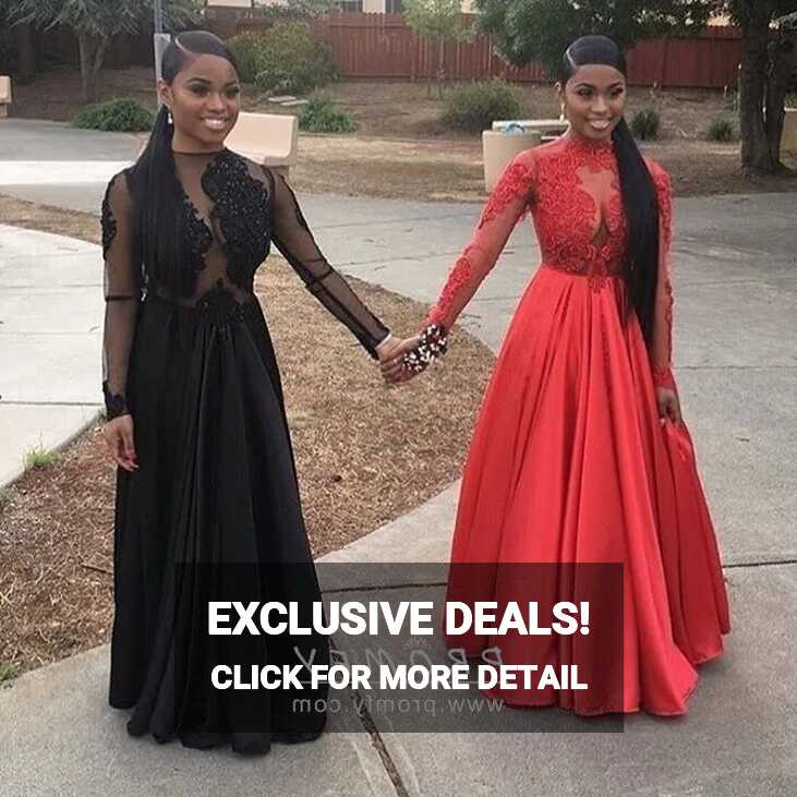 Red/Black Lace &amp; Satin Sheer Long Sleeve Prom Dress - Promfy