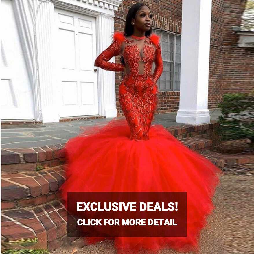 Red Black Mermaid Prom Dresses | Long Sleeve Red Mermaid Prom ...