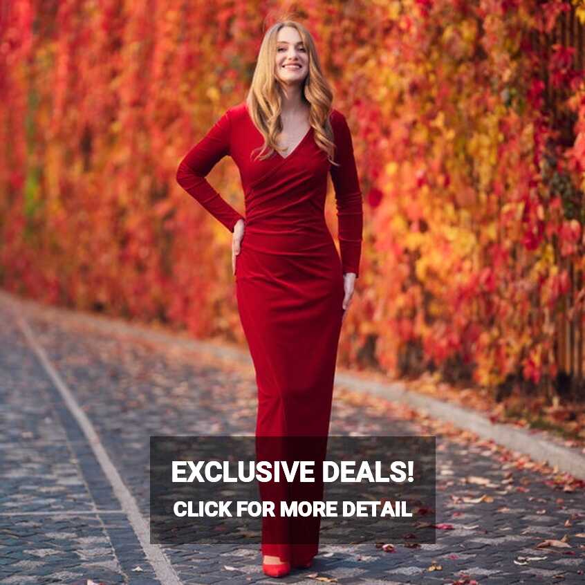 Red Burgundy Long Wrap Velvet Bodycon Dress, Bridesmaid Velvet ...