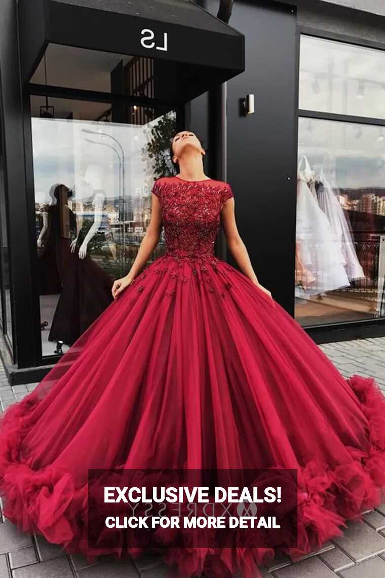 Red Cap Sleeve Beaded Sweet-16 Quinceanera Ball Gown - Xdressy