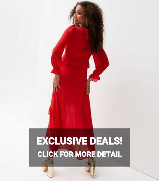 Red Chiffon Tiered Ruffle Long Sleeve Midi Dress | New Look