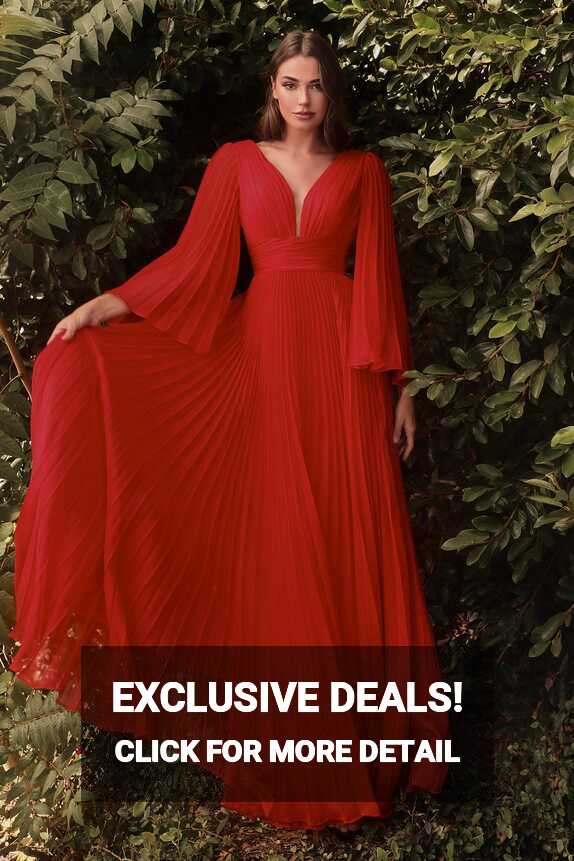 Red Cinderella Divine CD242 Long Sleeve Pleated Formal Prom Dress ...