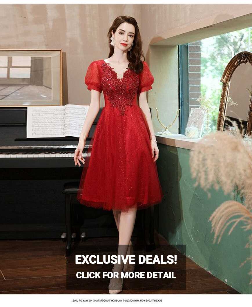 Red Cocktail Party Dress V Neck A Line Knee Length Short Sleeve ...